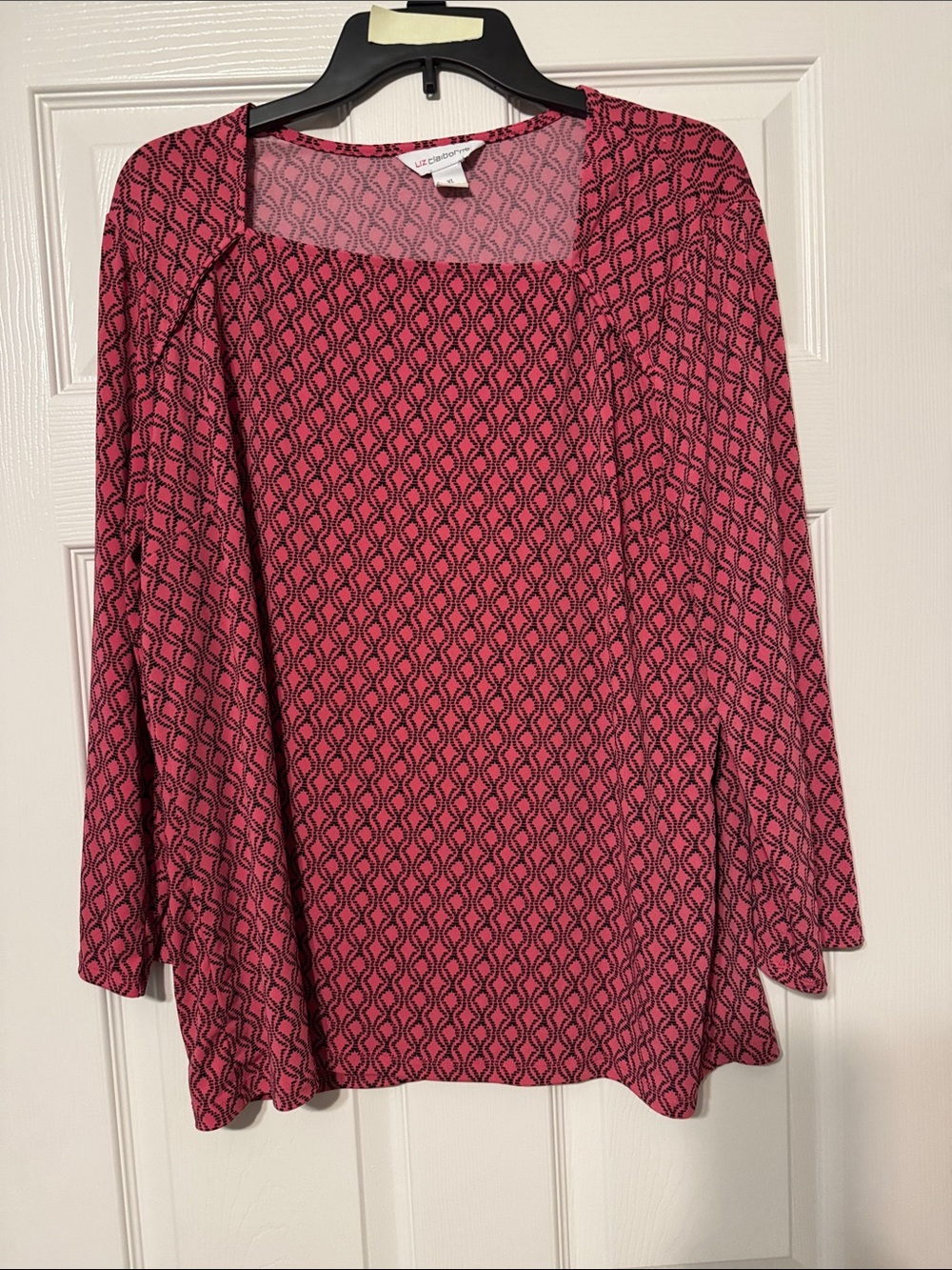 Liz Claiborne Pink and Black Geometric Square-Neck Long Sleeve Top